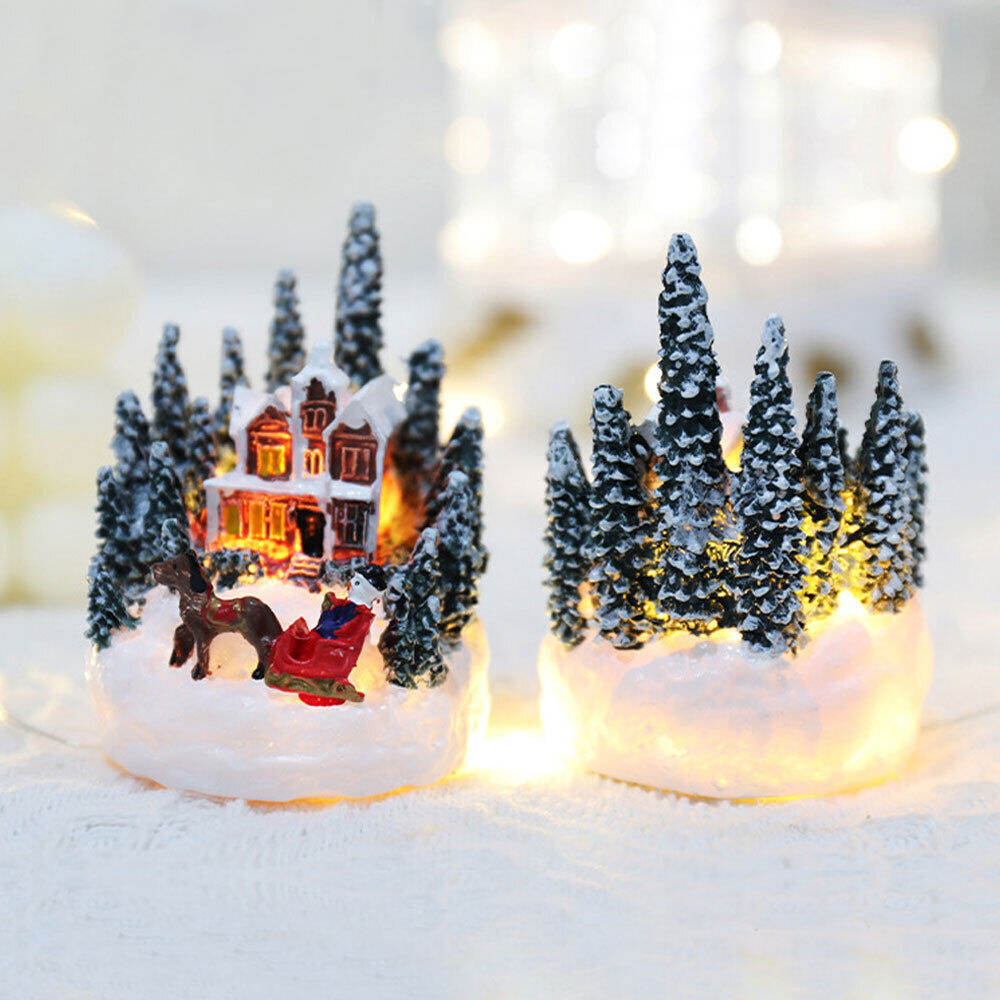 Christmas Village Figurines LED Light Scene DIY Ornaments Landscape Fairy Garden