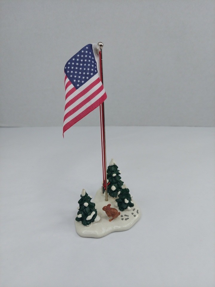 Department 56 Snow Village USA Flag Pole with Rabbit & Snow Trees 5177-2 America