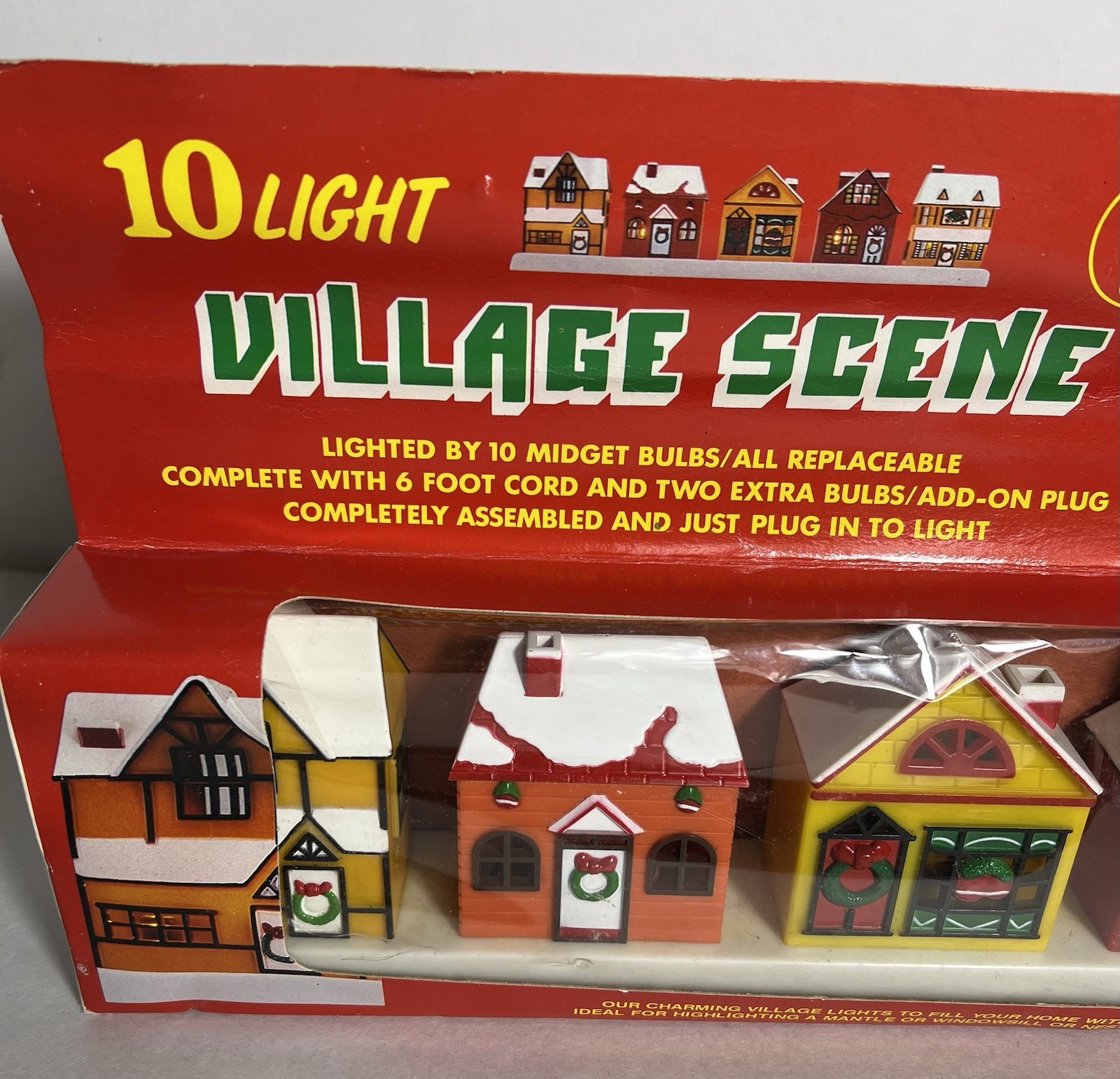 Vintage 10 Light Christmas Village Scene Houses Lighted Cottage Core In Box