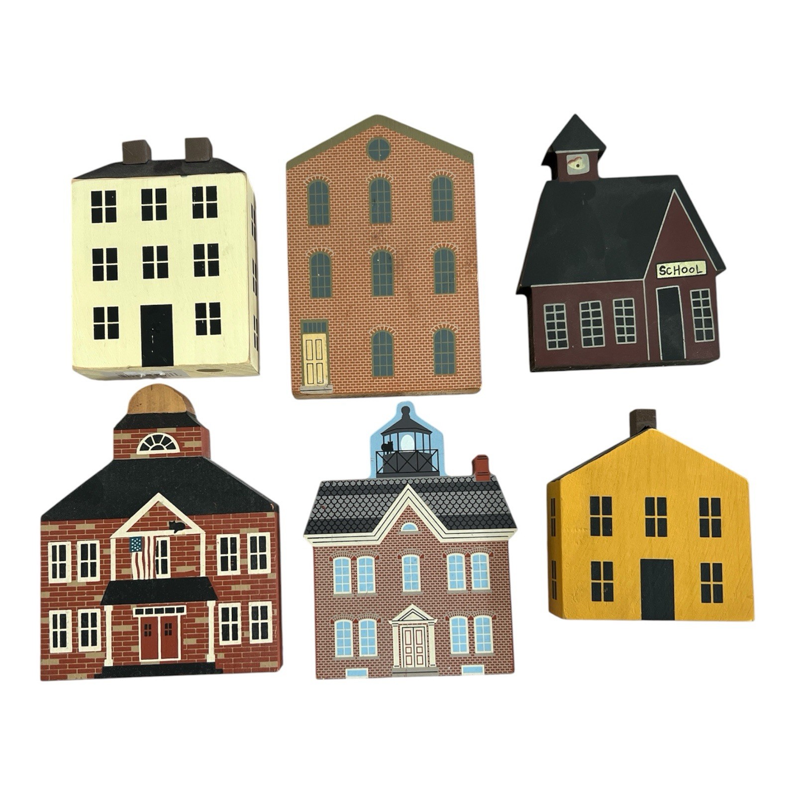 6 Primitive Folk Art Wood Block Village Buildings Houses Farmhouse Shelf Decor