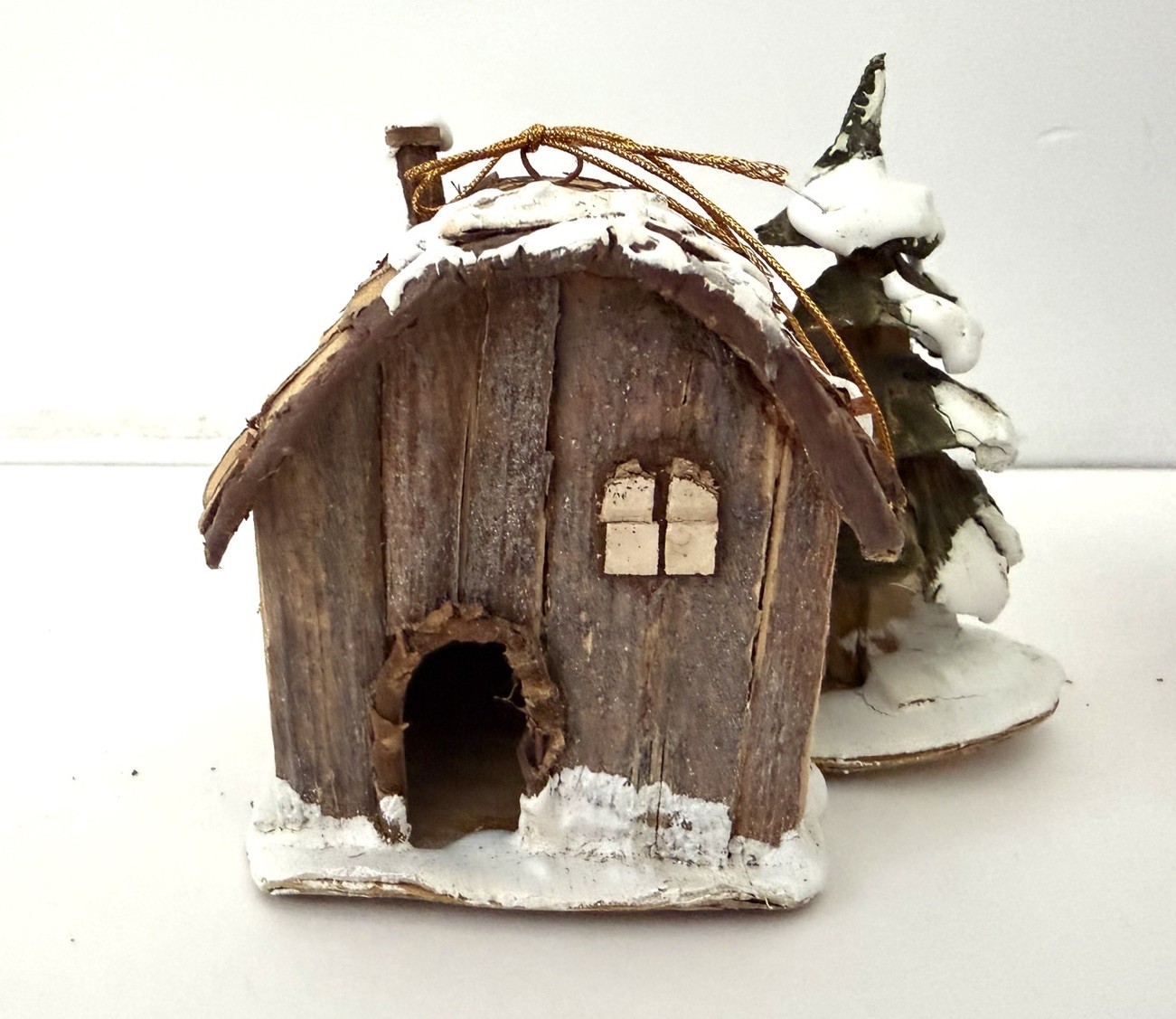 Vintage Miniature Folk Art Cabin Houses Ornaments, Bark, Wood, Straw, Lot Of 4