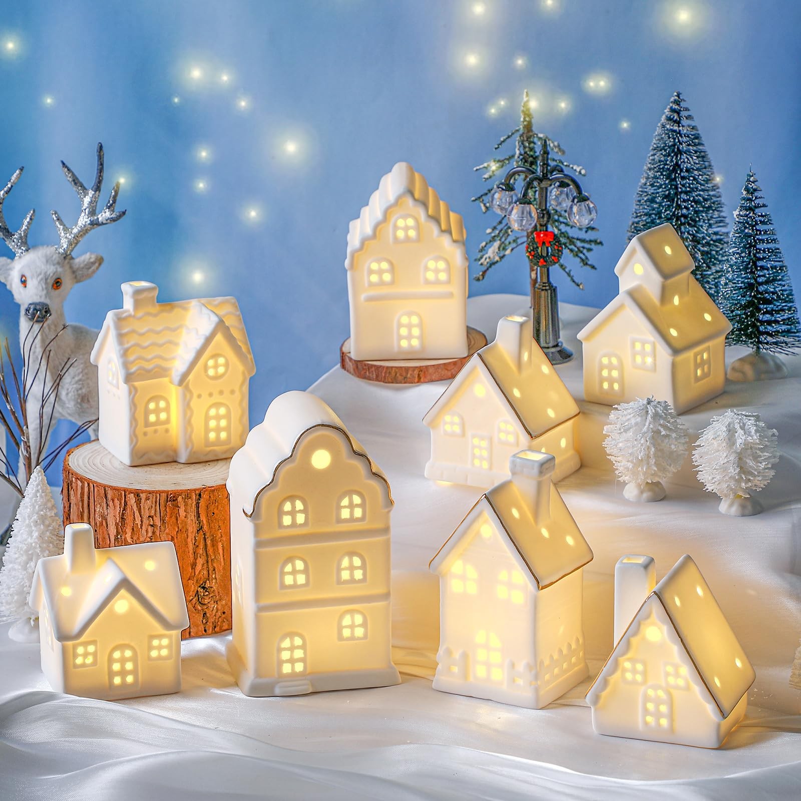 28 Pcs Ceramic LED White Christmas Village Set Include 8 LED White Christmas …