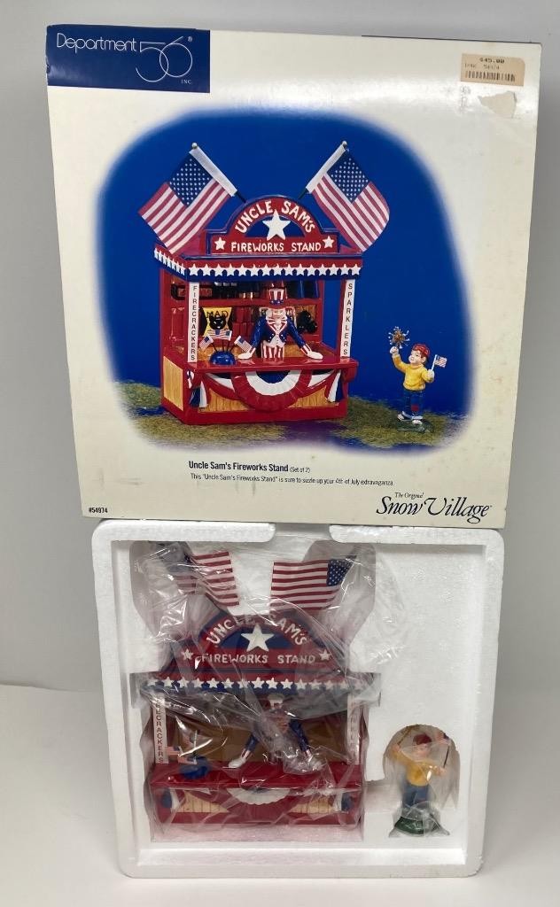 Dept 56 Snow Village Uncle Sam’s Fireworks Stand #54974 Set of 2 in Orig. Box