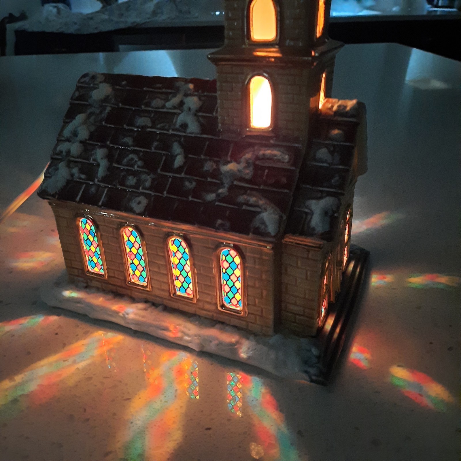 VTG Lighted Stain Glass Hand Painted Christmas Village Church Gold Steeple 12″T