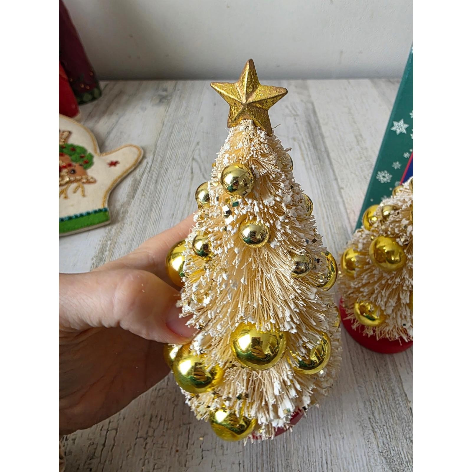 Vintage radko bottle brush gold tree glass ornament ivory village star decor