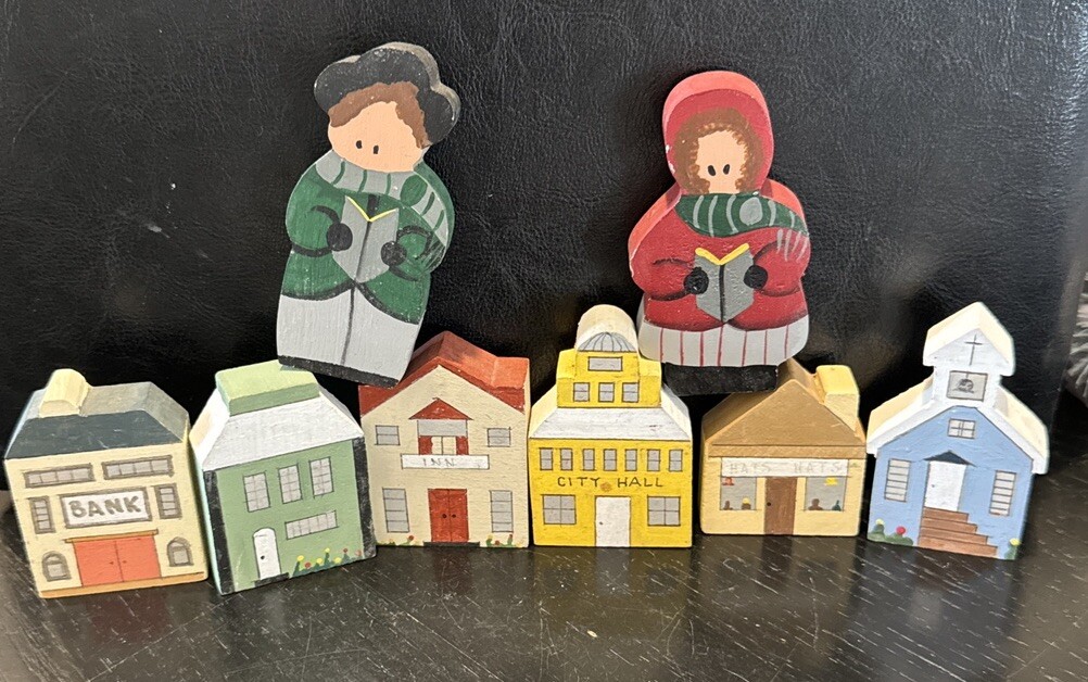 Primitive Wooden Block Village & People House Bank Inn Church Folk Art 8 Pieces