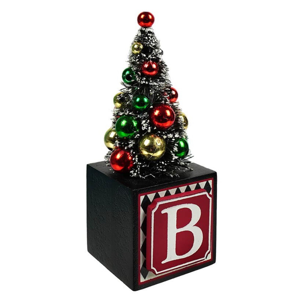 Red & Black Harlequin “Believe” Blocks With Bottle Brush Trees Set/7