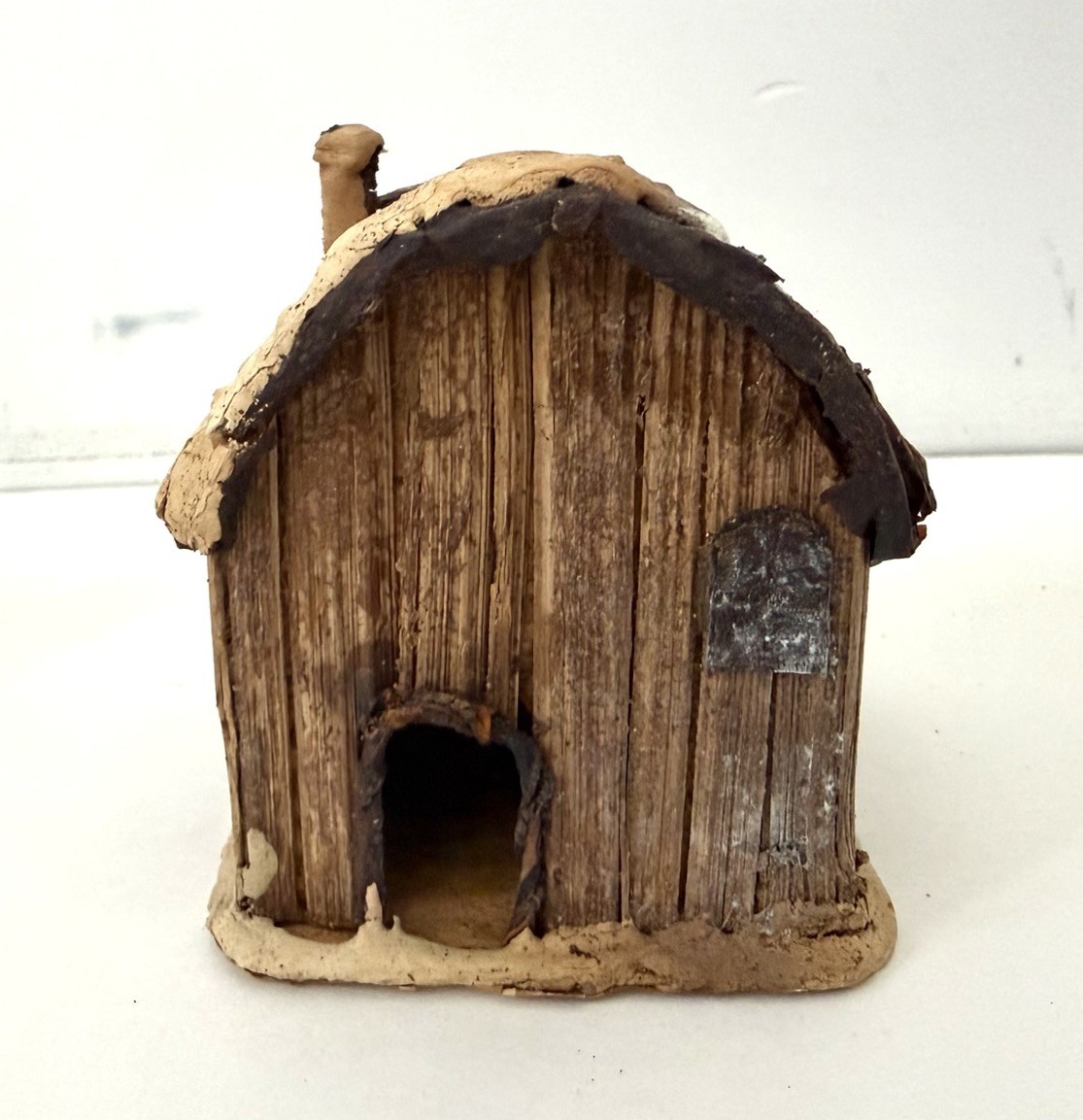 Vintage Miniature Folk Art Cabin Houses Ornaments, Bark, Wood, Straw, Lot Of 4