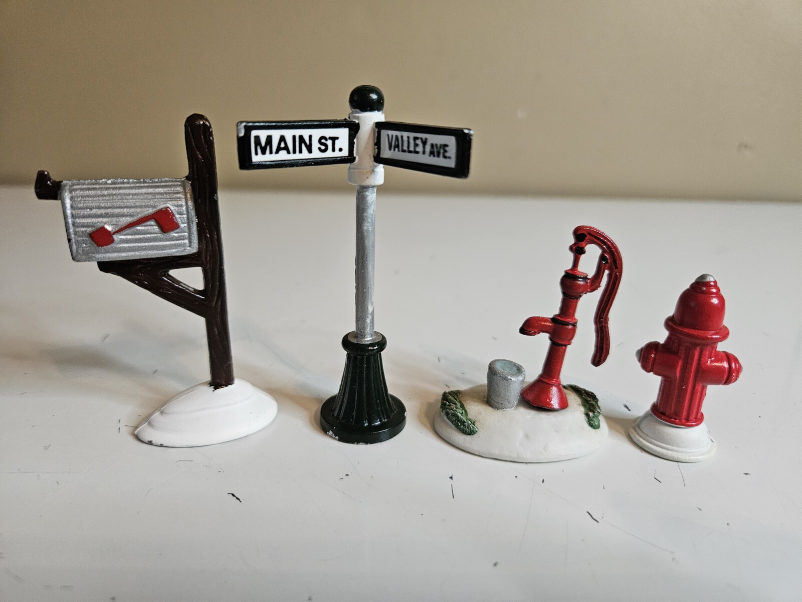 Lemax Lot of 4 Village Christmas Accessories Mailbox Street Sign Fire Hydrant