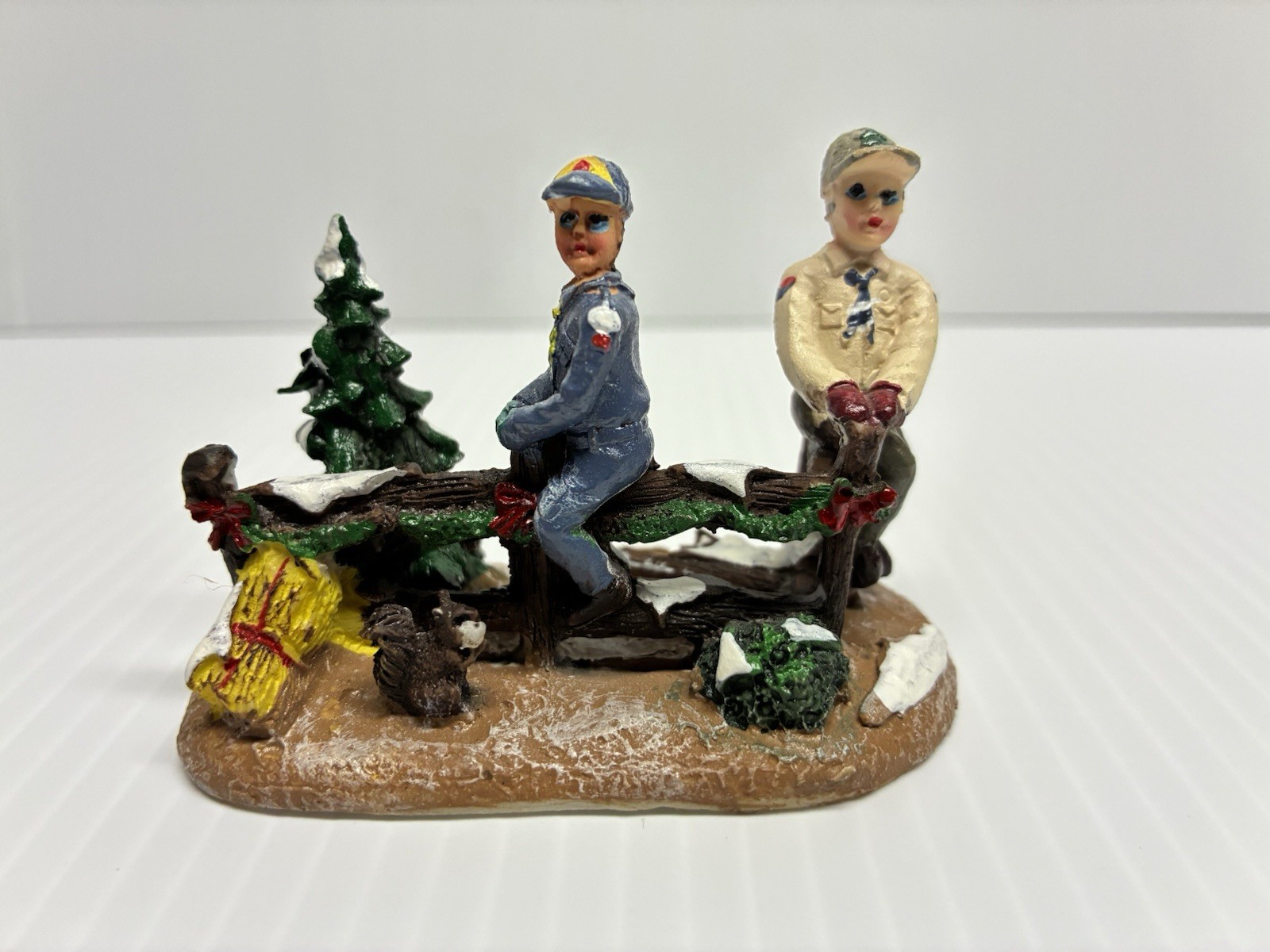 Boy Scouts on Fence, Sawing Wood Christmas Village Accessories Figurine 2013 BSA