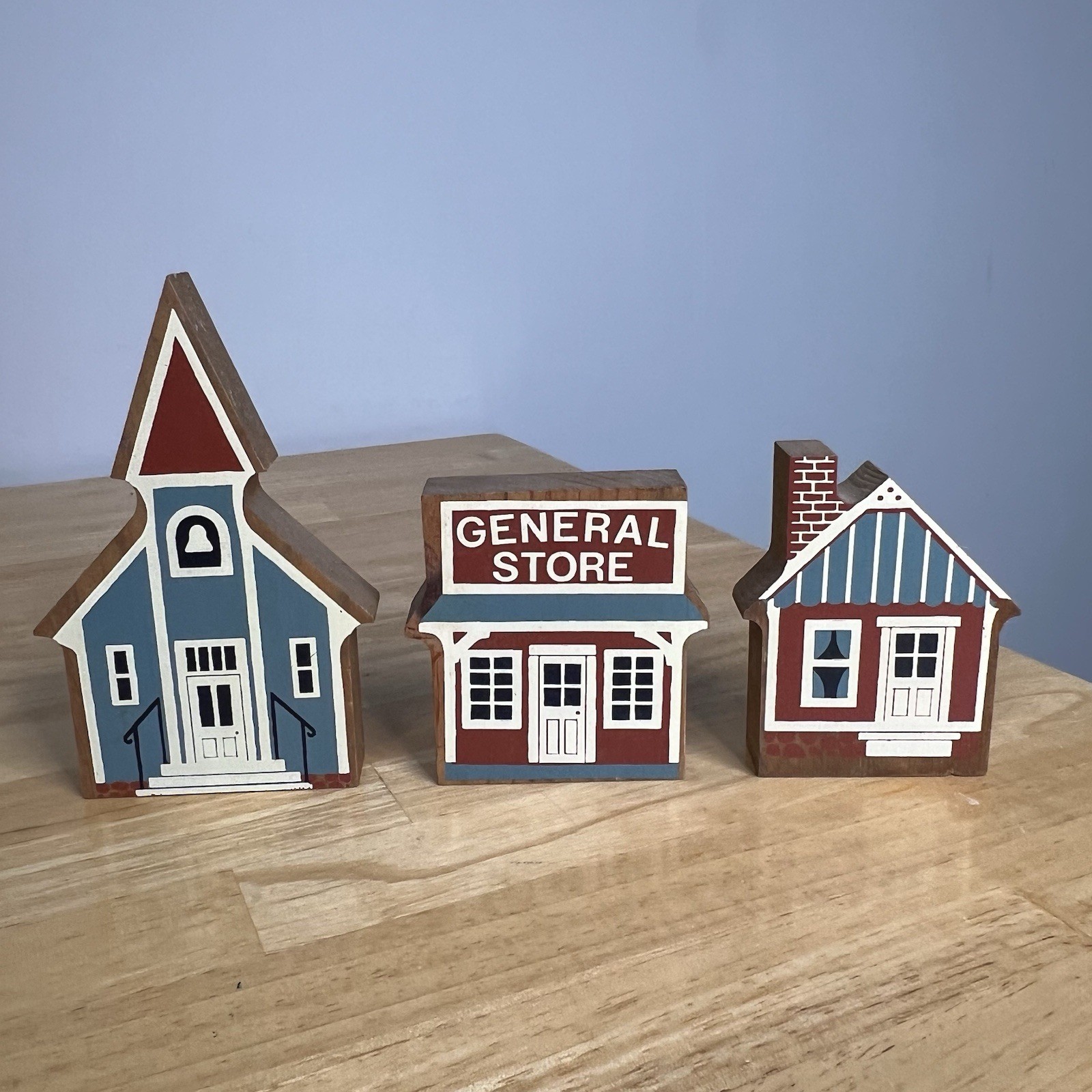 Primitive Folk Art Wood Block Village Houses Set Of 3 Handmade And Painted Shops