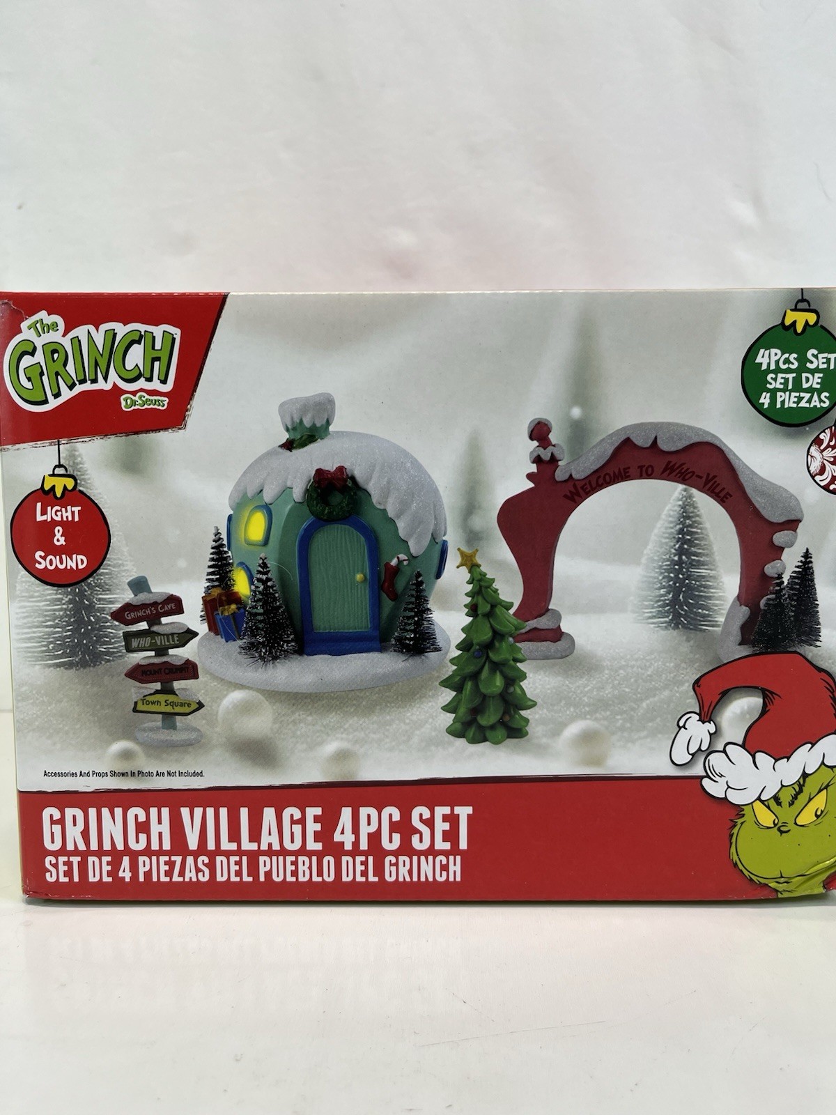 The Grinch Village 4 Piece Set w/Lights Music Who-ville Arch Tree House Signpost
