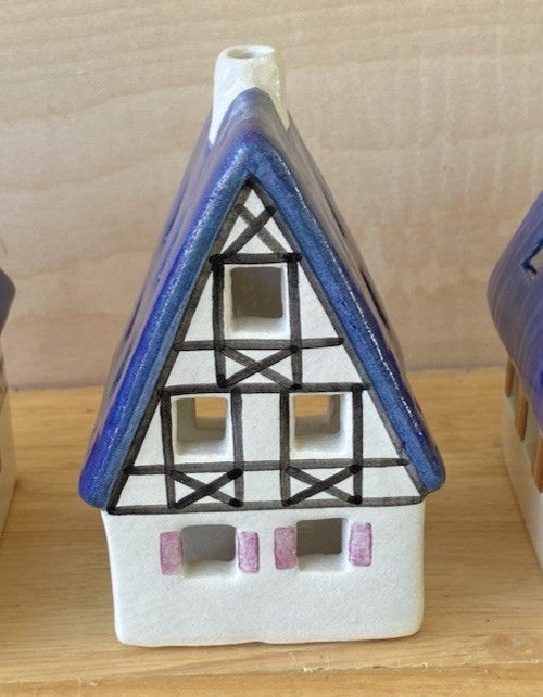 Set of 3 Vintage Ursula Leyk Tea Light Cottages`w/Blue Roofs~Dated 1985 and 1988