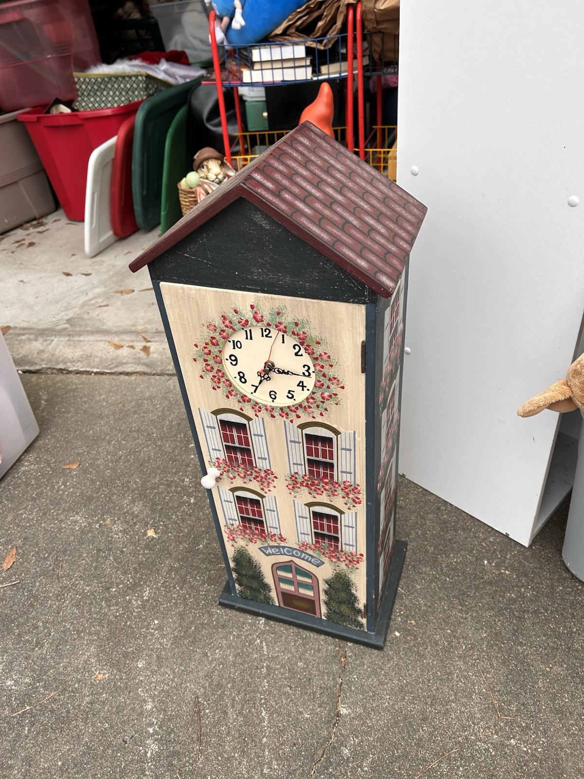 Hand Painted Wooden Village DollHouse Clock Cabinet with Miniatures, Multicolor