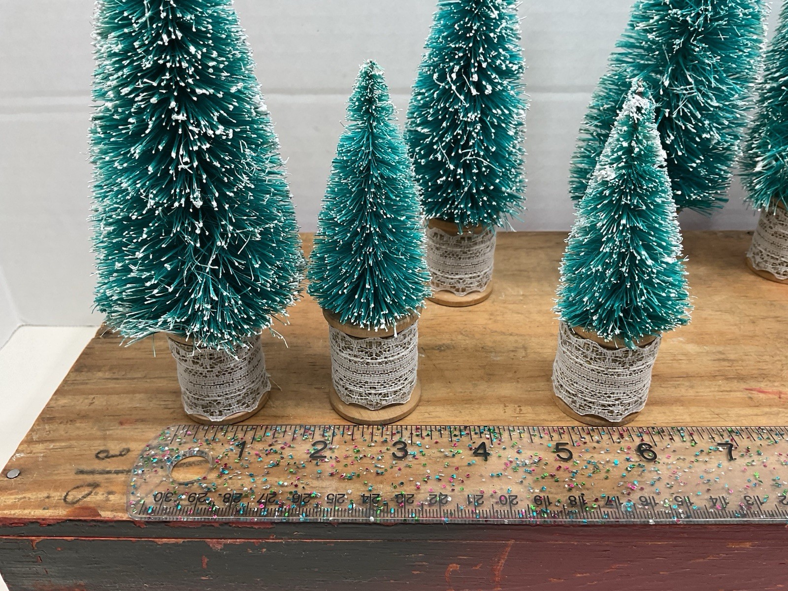 Bottle Brush Trees Vintage Wooden Thread Spools 4-7 Inch Lot Of 8 Lace