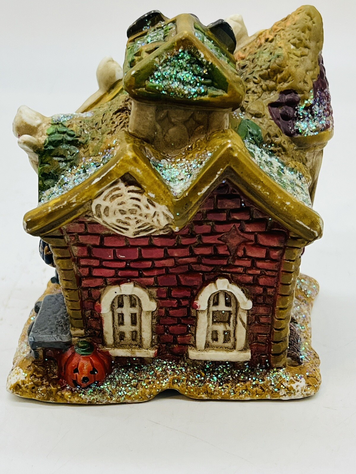 Vintage Halloween Town Ceramic Pumpkin House Haunted Ghost Bat Glitter Witch Hat