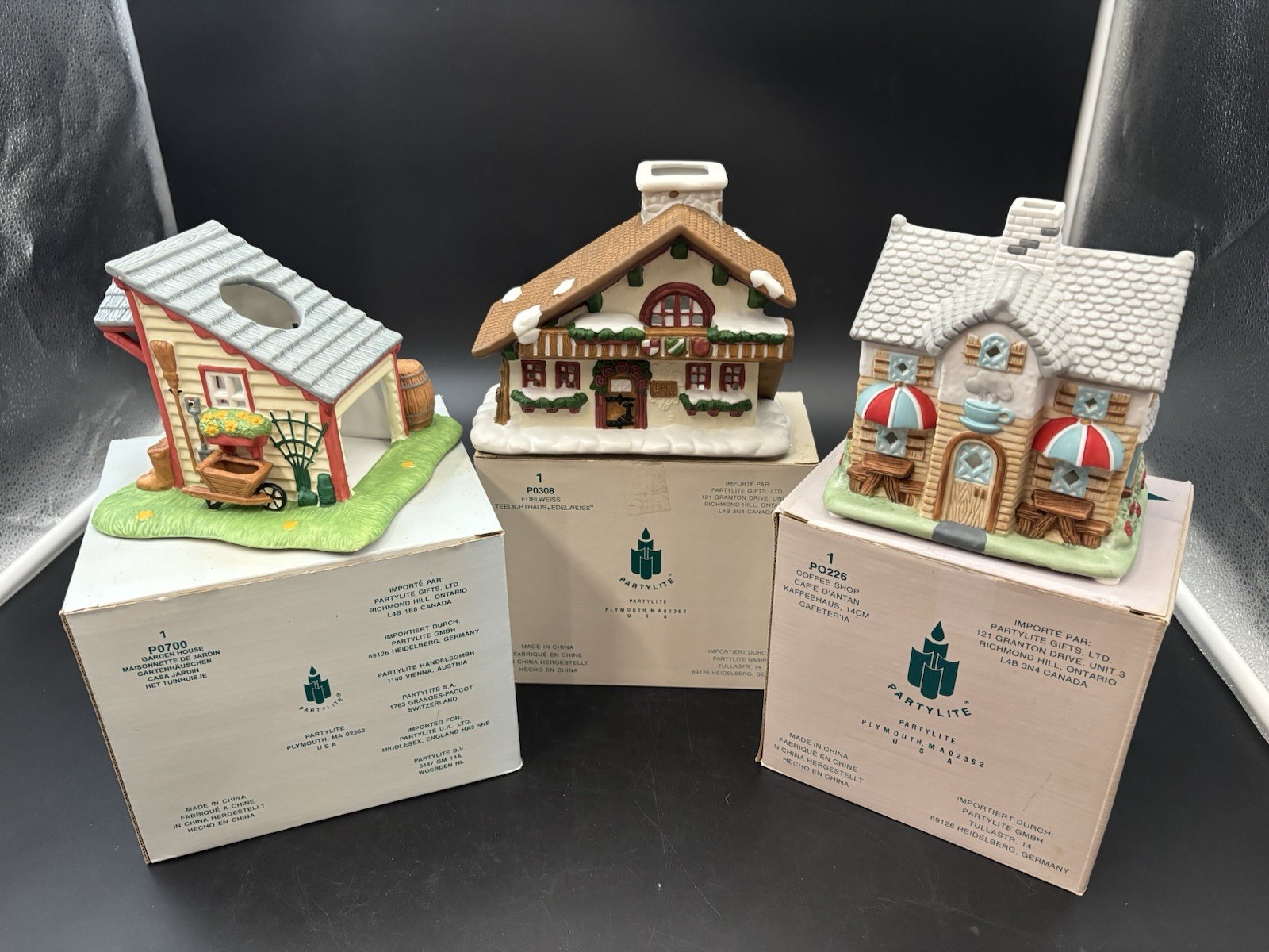 Vtg PartyLite Tealight Village Houses Lot 3 Garden House Coffee Shop Edelweiss