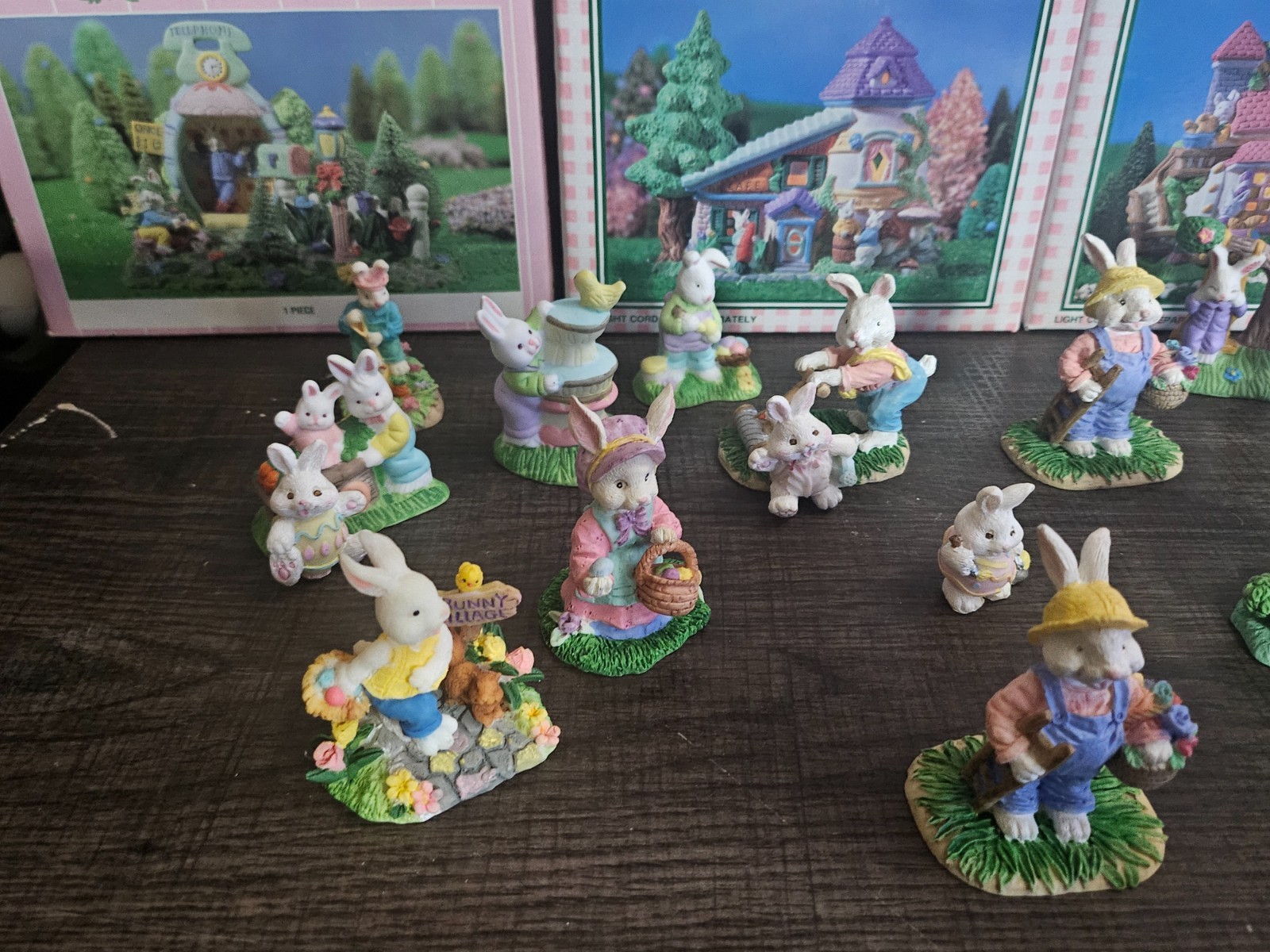 Easter Ceramic Village Lot W/ Bunny Figures And Trees Cottontale Cottages 1997