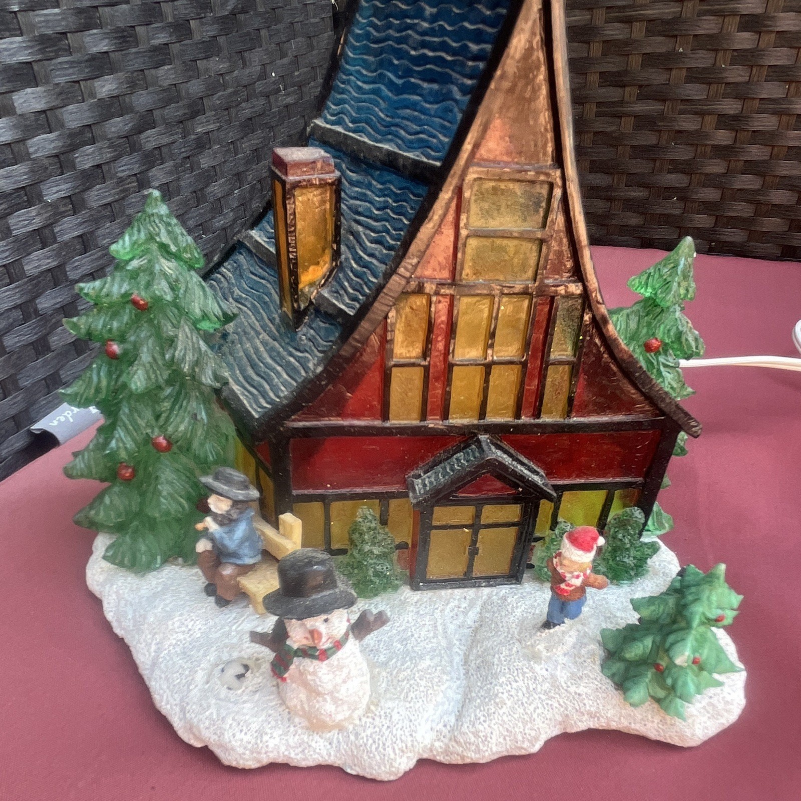 Illuminated Resin Christmas Village House, Multicolor Painted w/ Snowman & Santa