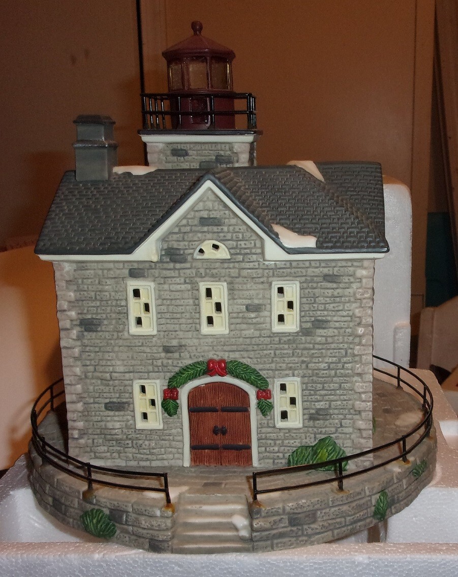 Harborside Village Hand Painted Porcelain Cedar Island, NY Lighthouse w Light