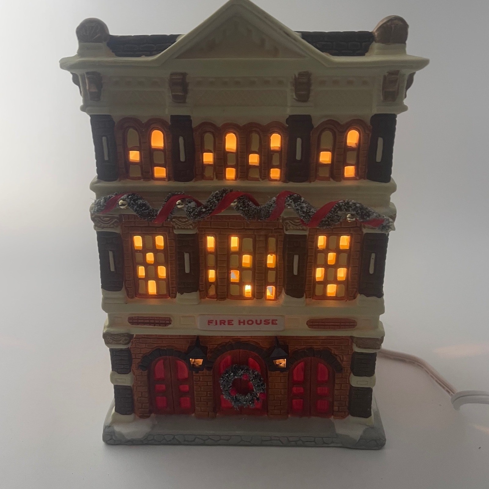 Vintage 1996 NOMA Christmas Village Lighted Fire House Ceramic Building Brown