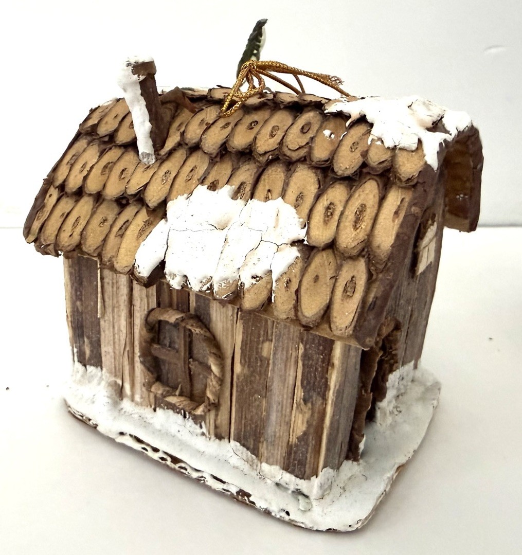 Vintage Miniature Folk Art Cabin Houses Ornaments, Bark, Wood, Straw, Lot Of 4