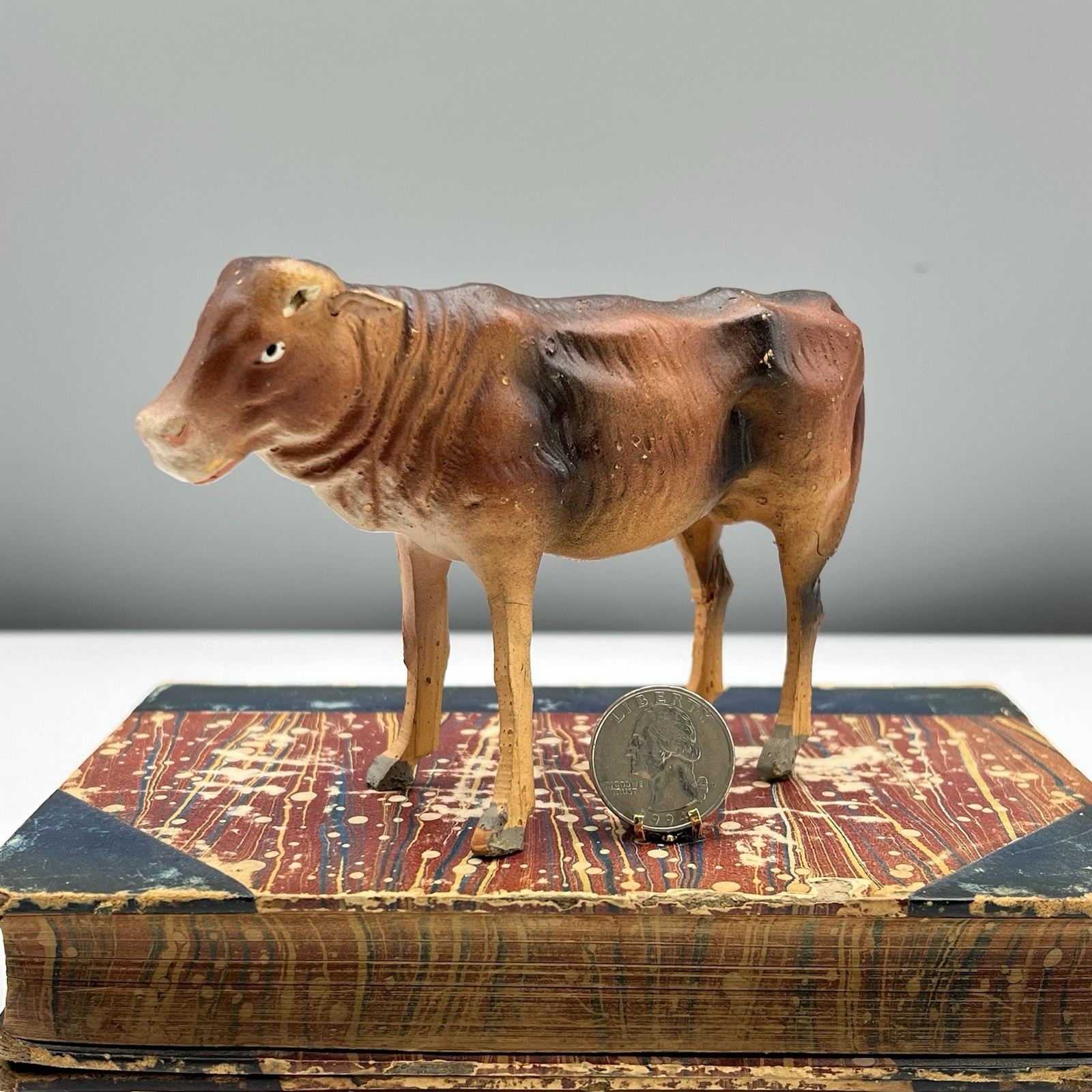 Pre-War NATIVITY COW 3.75″ Germany CHRISTMAS VILLAGE Stick Leg Composite PUTZ