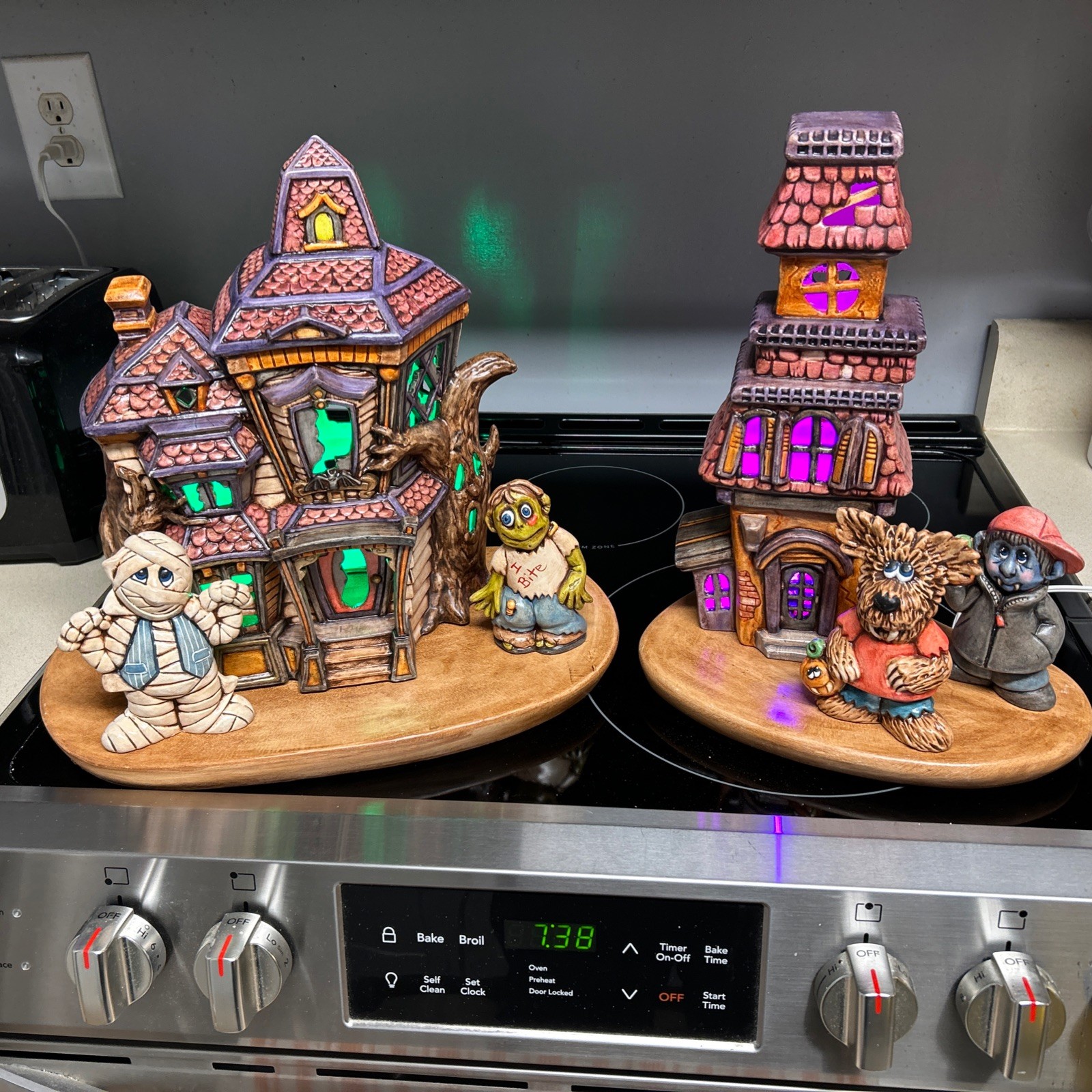 Ceramic Halloween Haunted Village , 8 Piece ,about 14 In Tall , Purple , Green