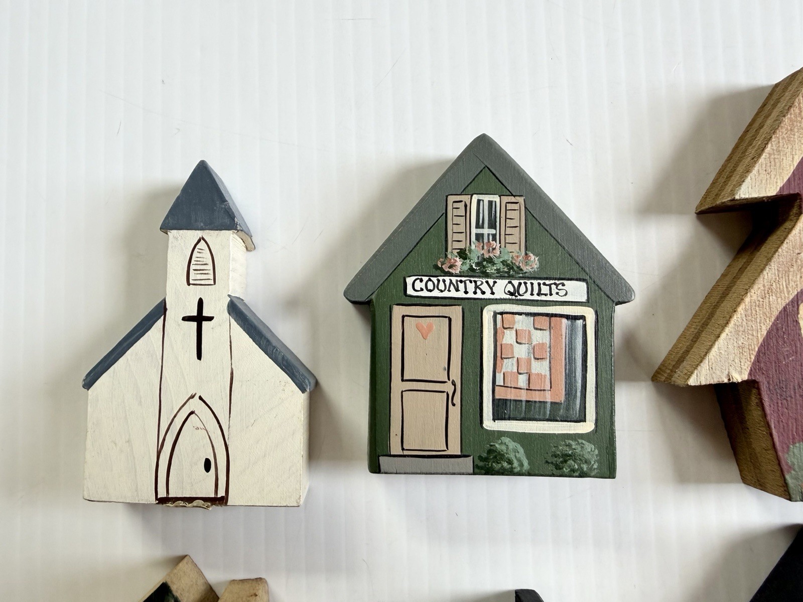 Vtg Lot Of 12 Wooden Houses, Buildings Shelf Decor Hand Painted, Signed B Smith