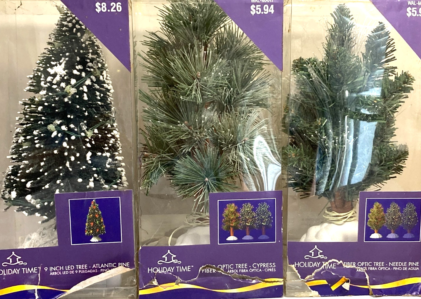 Christmas Village Trees 9” Fiber Optic Lot of 3 VTG Walmart Dept 18 Holiday Time
