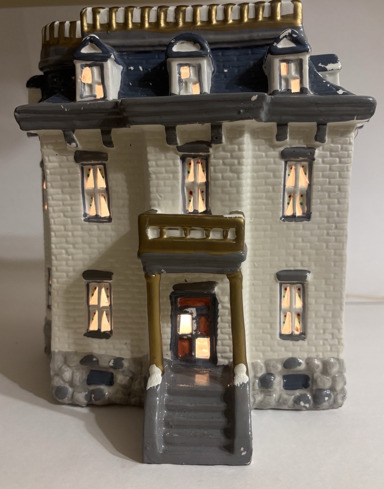 VH CO. Ceramic Lighted Village House White Gray Gold Boxed Collectible