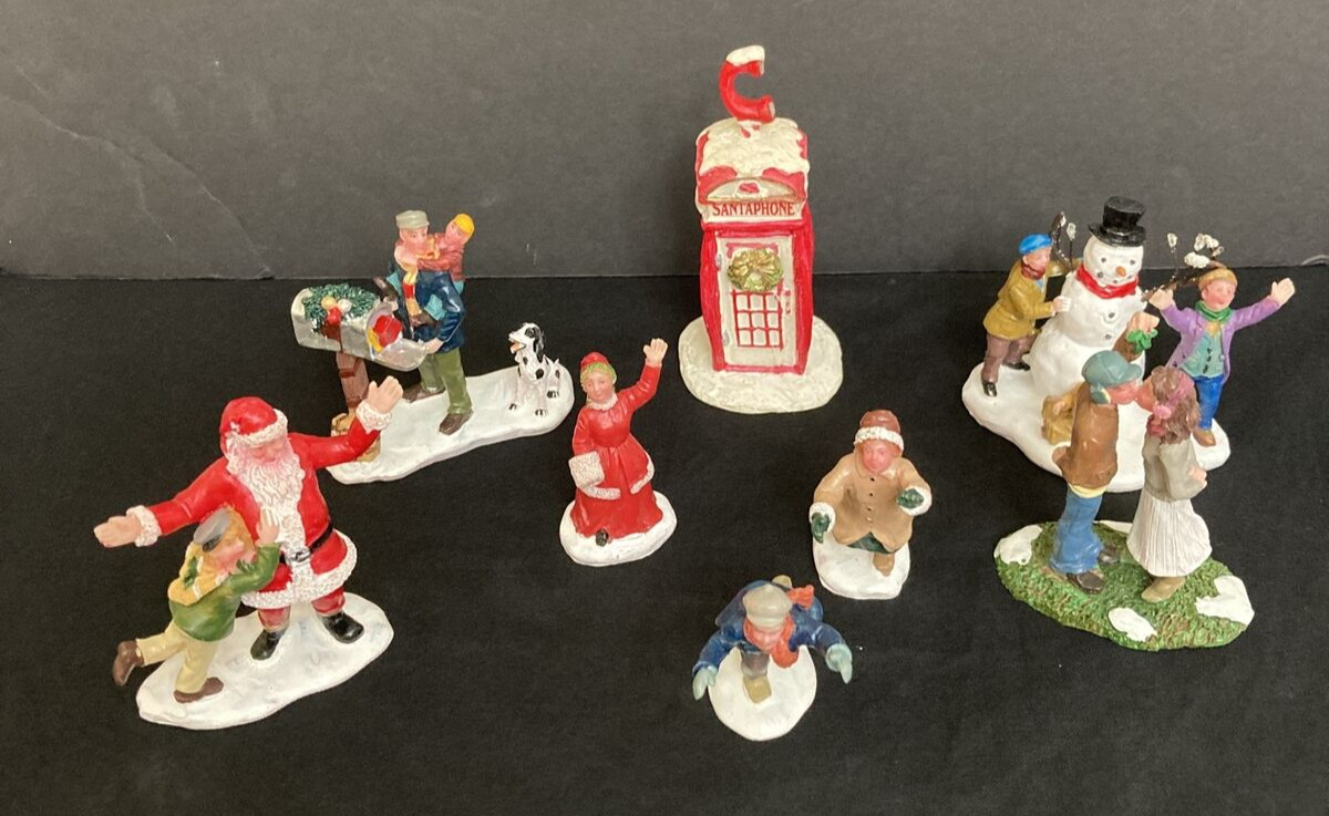 Vtg Lemax Mini Figurines Lot of 8 Santa Phone Booth Skaters Snowman Resin 90s