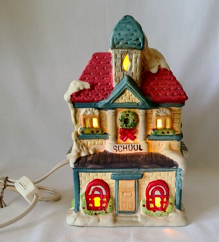 Christmas School C.R. Seasons Hand Painted Lighted Ceramic House Cord Box