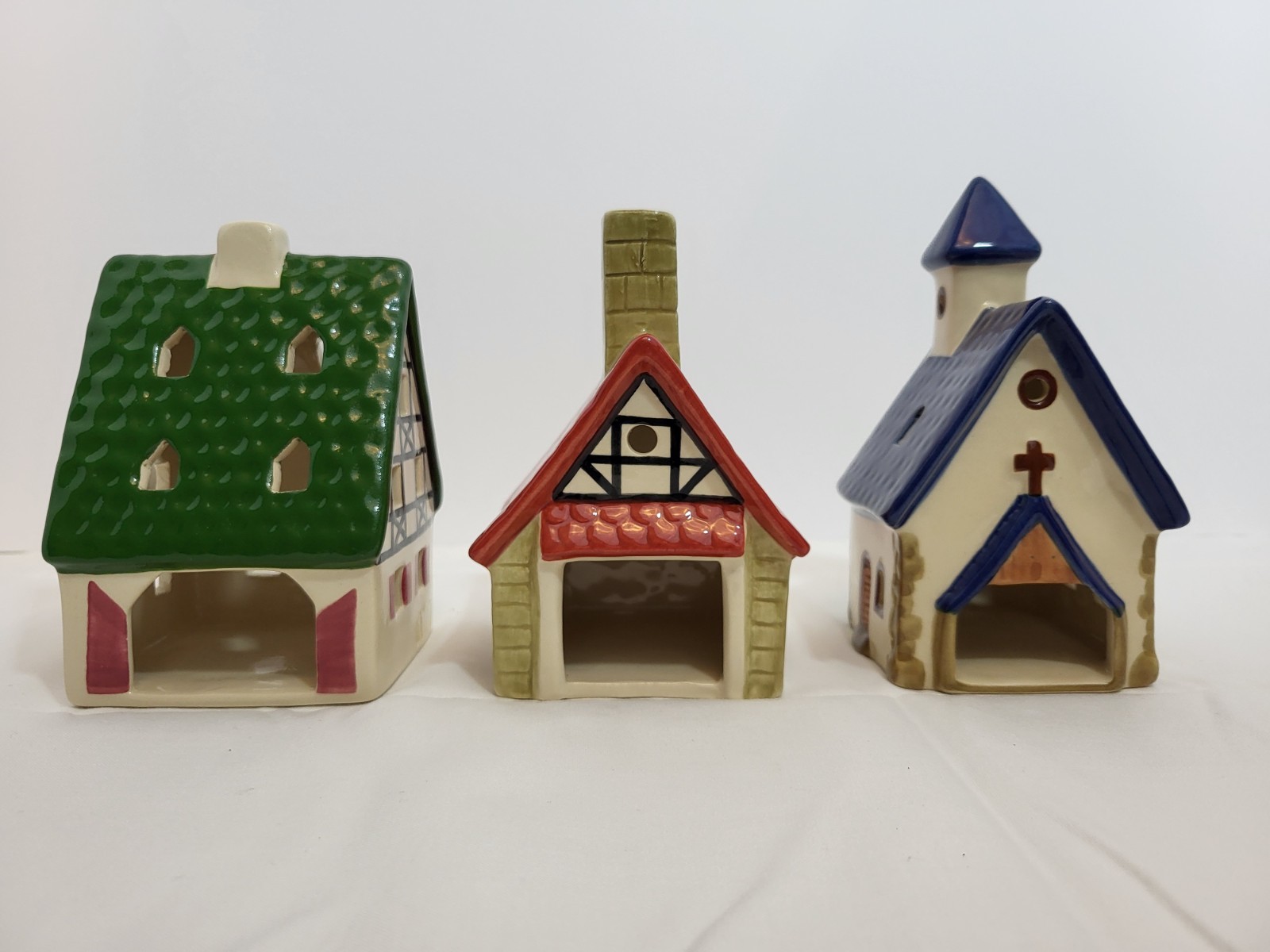 Echt Thüringer Unikat German Hand Painted Ceramic Tealight Village Houses Set 3