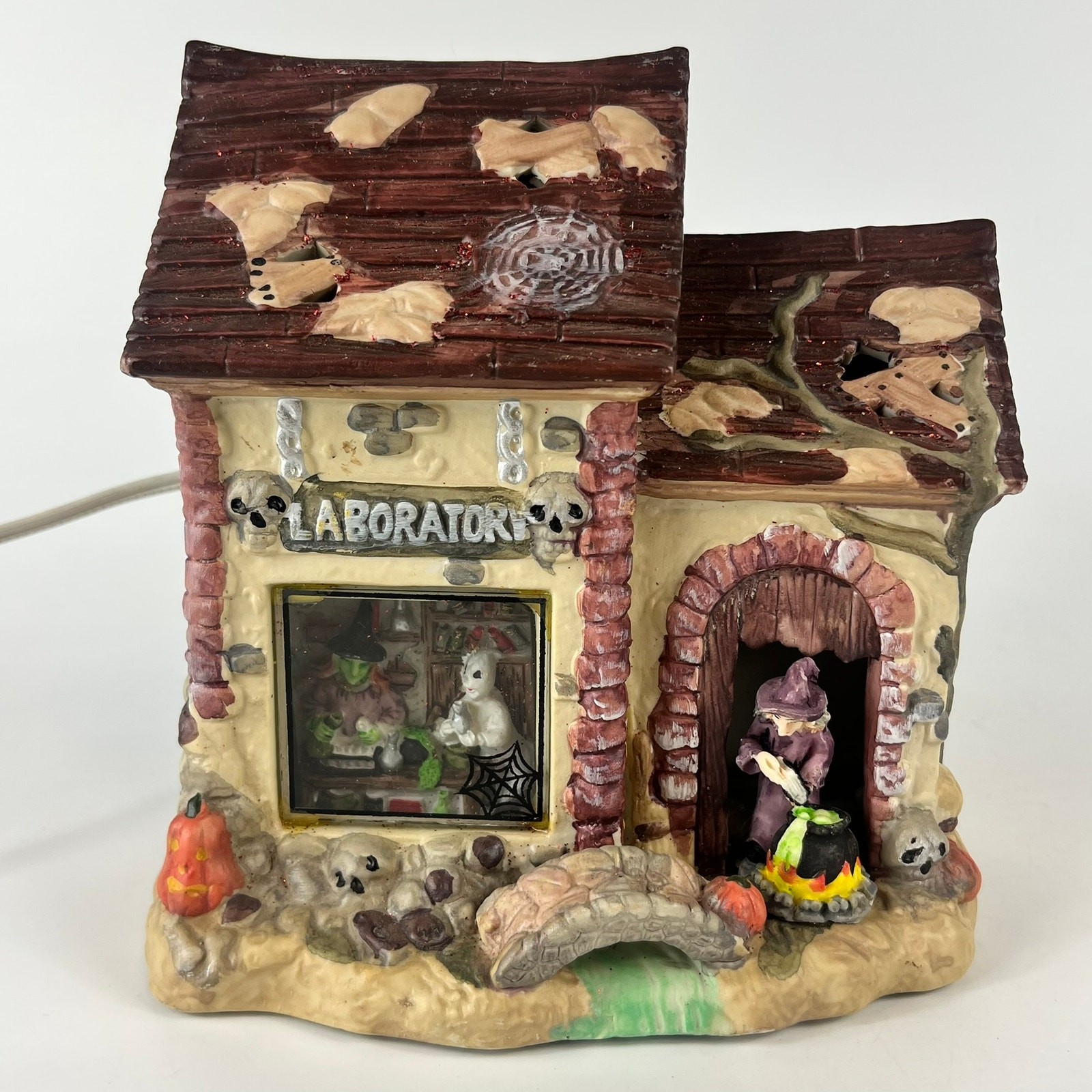 Halloween Village Lighted Laboratory Witches Brew Mummy Haunted House Ceramic