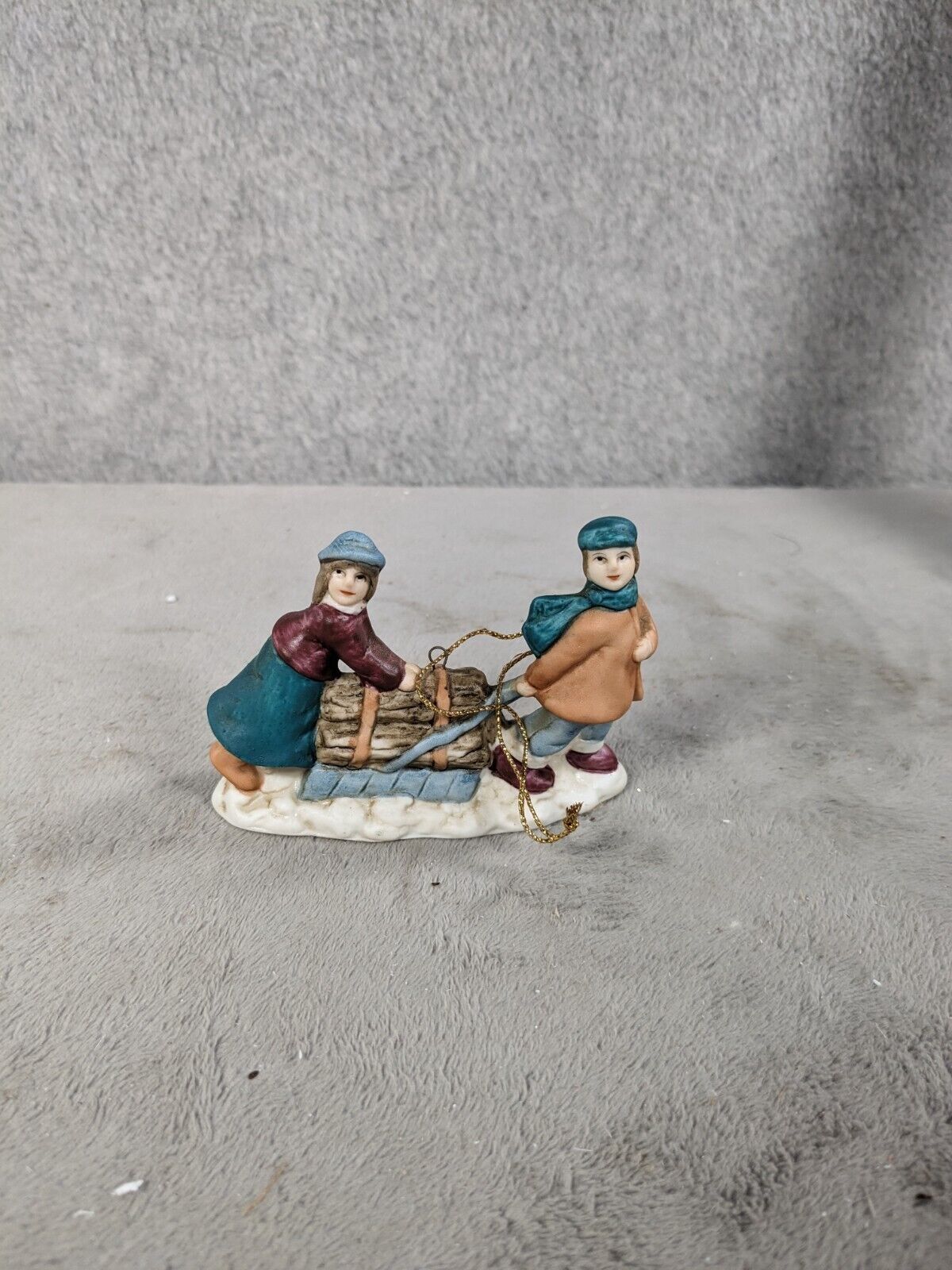 Boy & Girl Pulling Sled Victorian Christmas Porcelain Village Or Tree Ornament