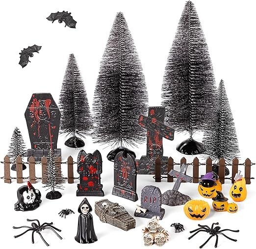 29 PCS Halloween Mini Village Accessories Figures Pumpkins Skeletons Spiders