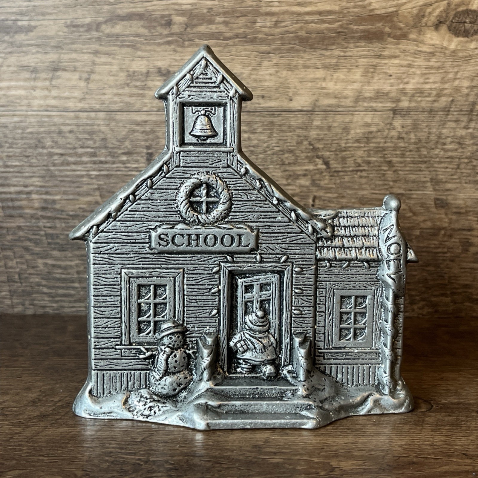 VTG Carson Pewter SCHOOL HOUSE Christmas Holiday Village 2 Sided Puppy Snowman