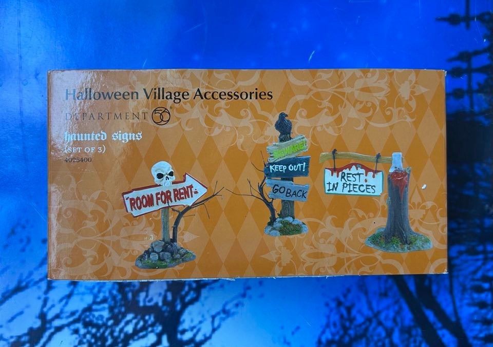 DEPT 56 Halloween Village HAUNTED SIGNS Set of 3! Scary, Spooky, Creepy