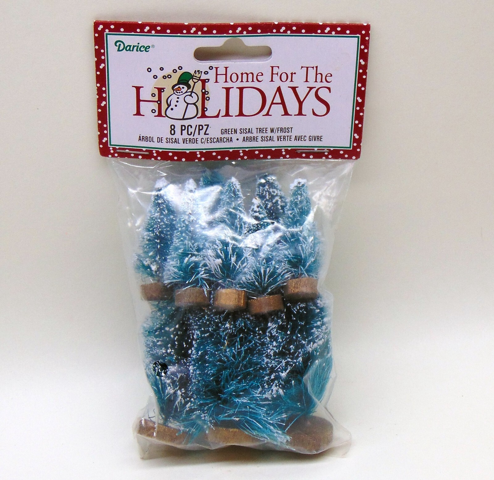 Set 8 Mini Green Sisal Bottle Brush CHRISTMAS Trees w/ Snow Frost Village Putz