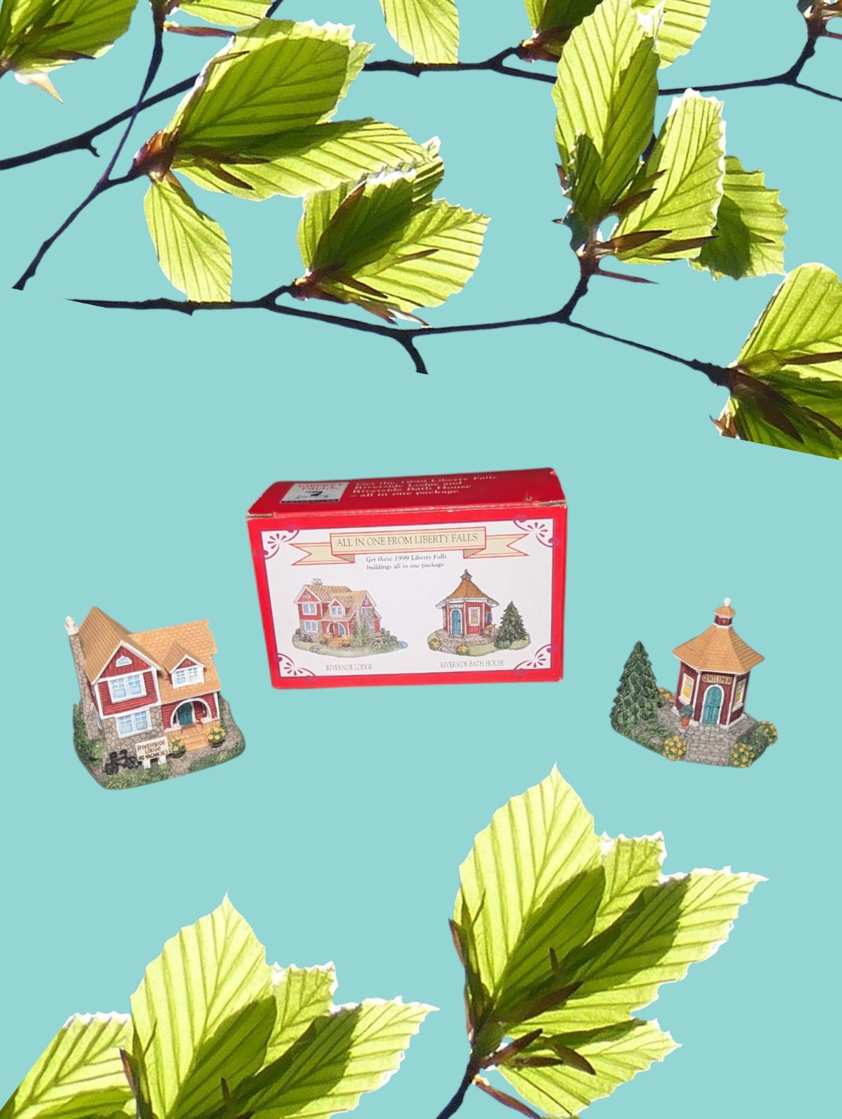 LIBERTY FALLS All In One RIVERSIDE LODGE & BATH HOUSE 2 Piece Set Resin House