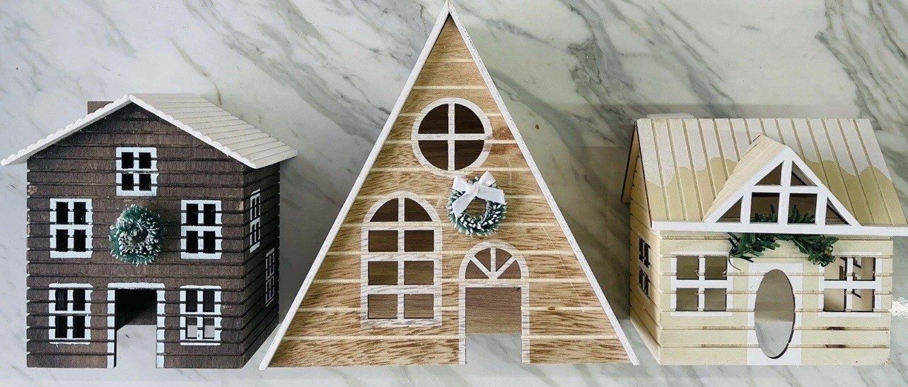 (Set Of 3) Wooden Handcrafted Tea Light Houses 8” Tall 8” Wide
