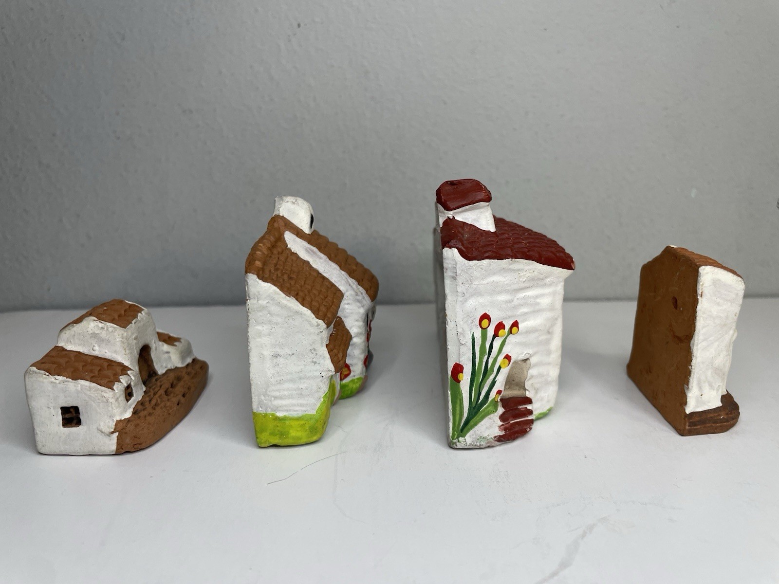 Set Of 4 Spanish Terracotta Miniature Hand Painted Pottery Buildings/Houses