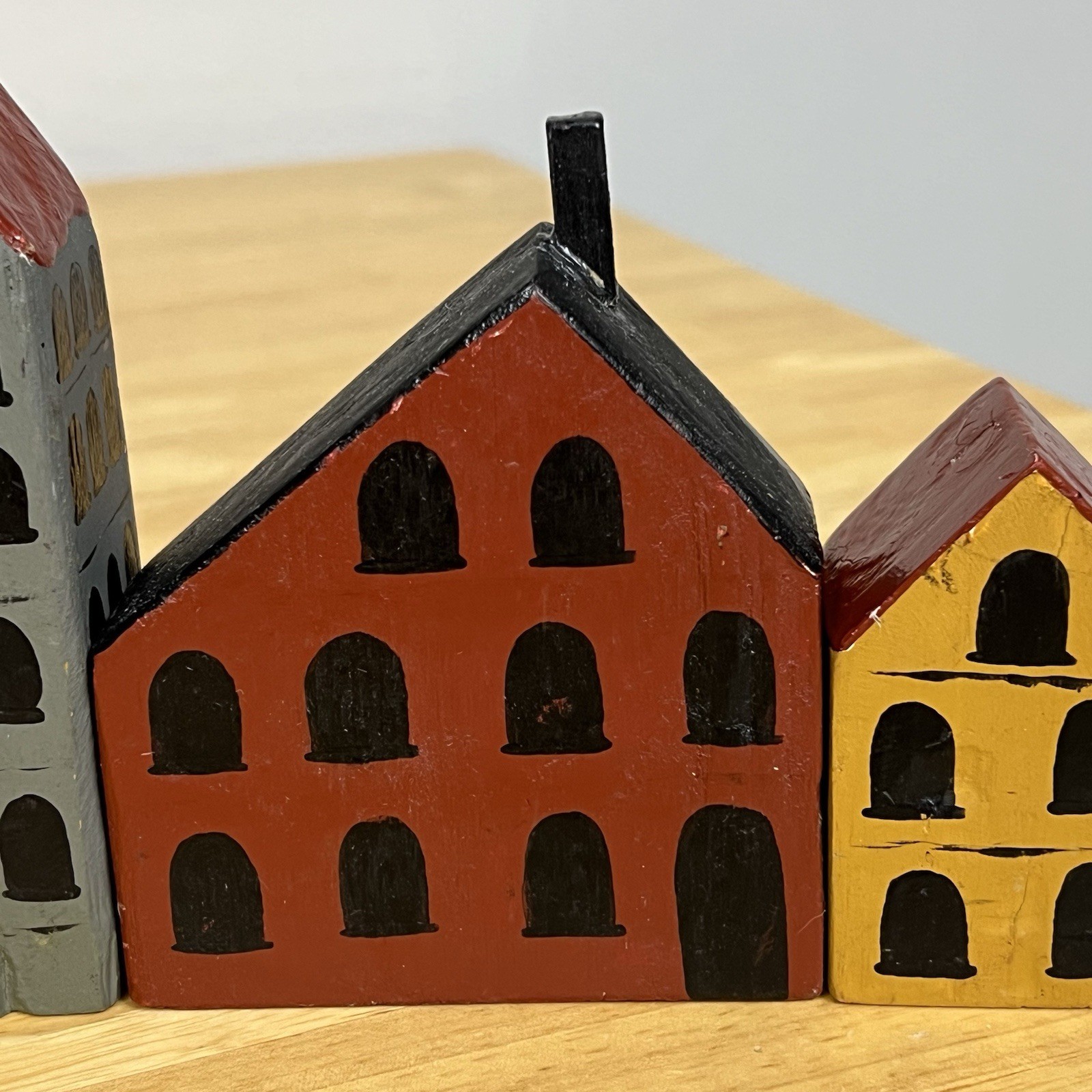Primitive Folk Art Wood Block Village Houses Set Of 4 Handmade And Painted Shops