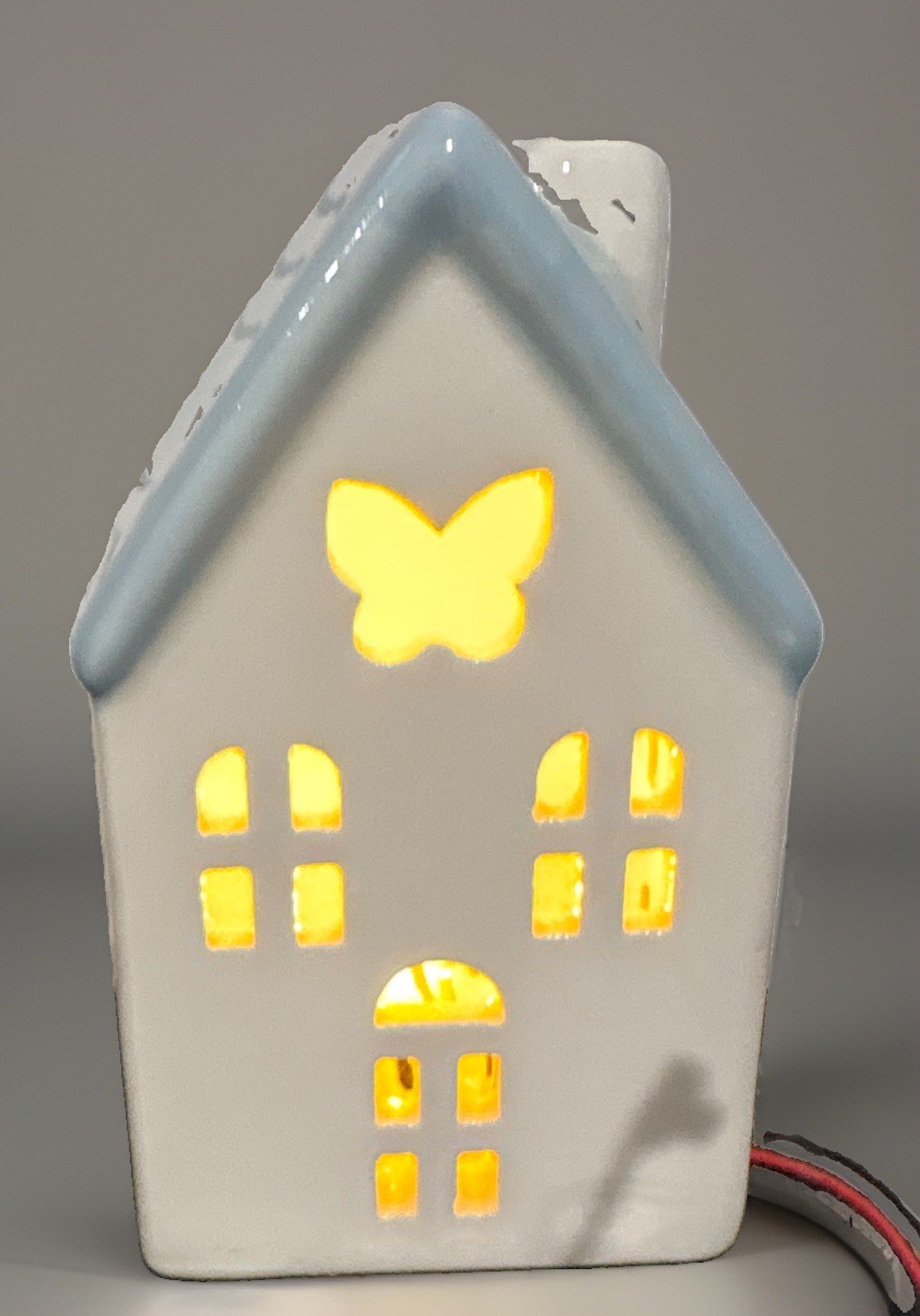 Illuminated Ceramic House Tealight Village, White/Light Blue Roof, Glossy 3.5”