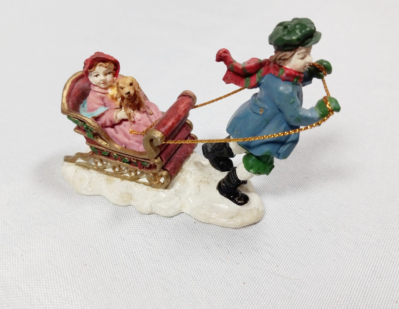 Grandeur Noel Victorian Village Boy Pulling Girl Dog In Sleigh Figure Christmas