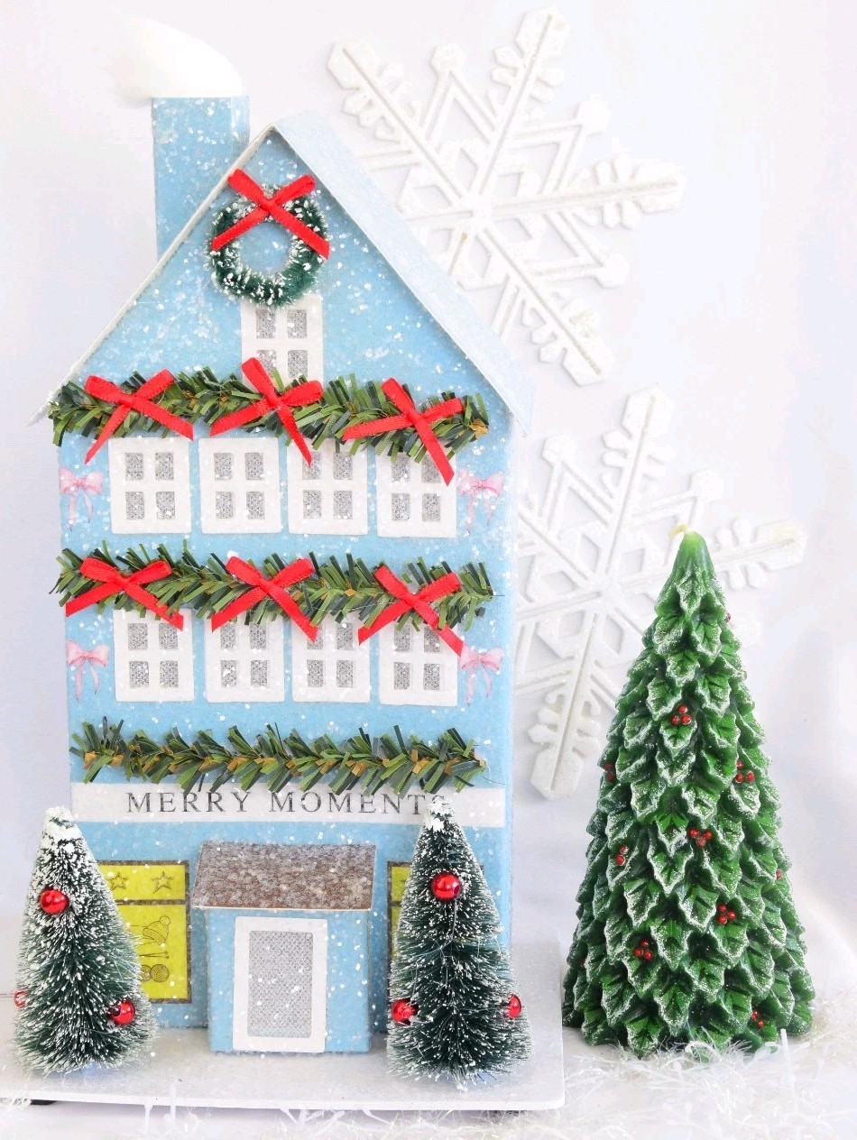 10.5″ Tall LED Blue, Glitter, Paper, Christmas House