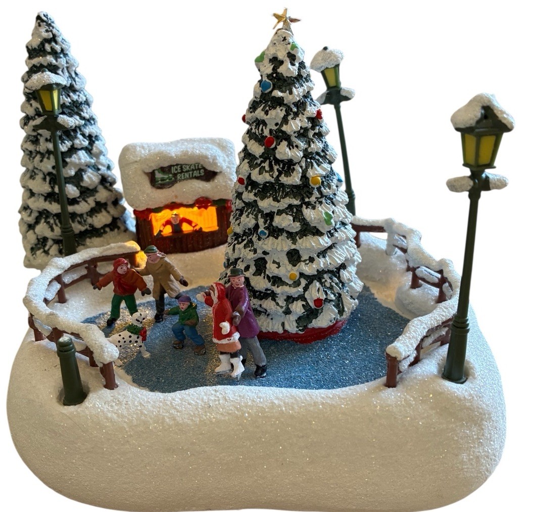 Thomas Kinkade Lighted Christmas Village Ice Skaters Winter Snow What Fun 2024