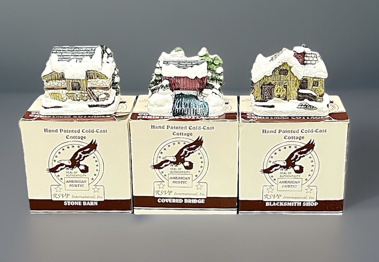 American Rustic Series Lot Of 3 Country Blackmith Shop Covered Bridge Stone Barn