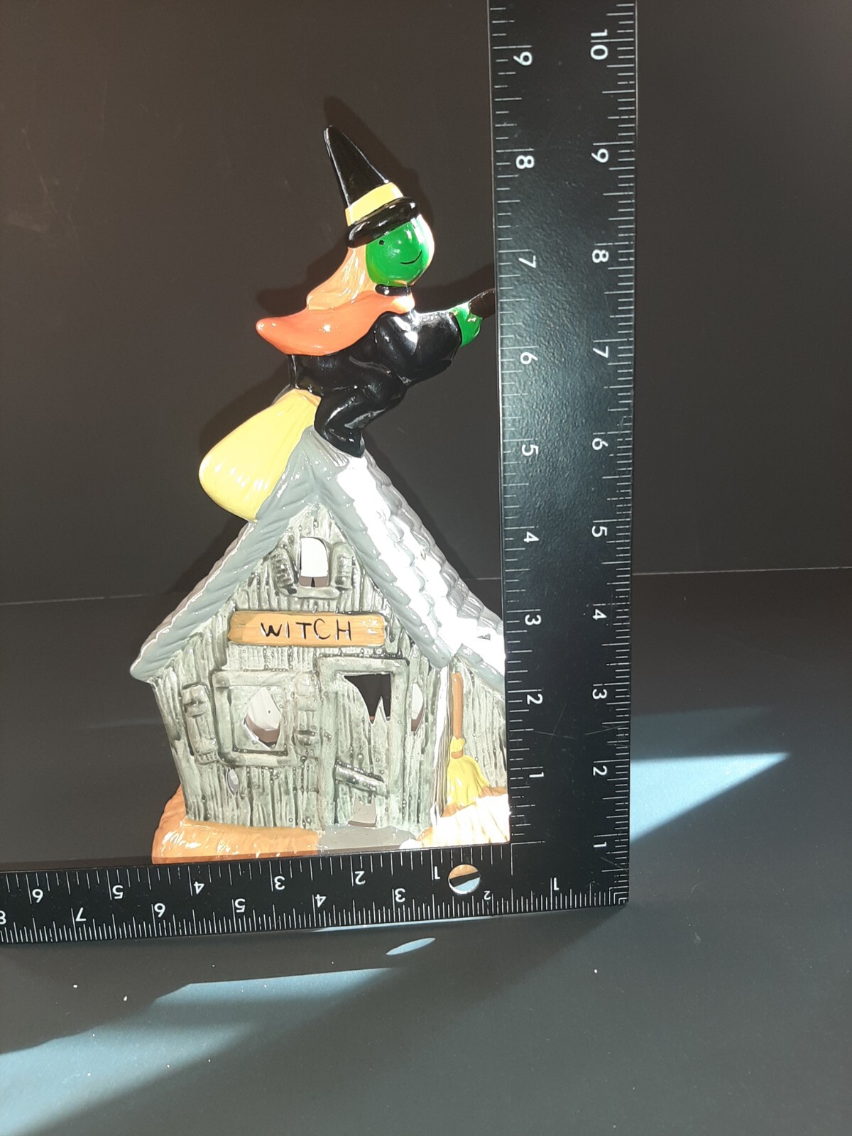 Witch House Halloween Luminary Candle Holder Ceramic Flying Broom Taiwan Vintage